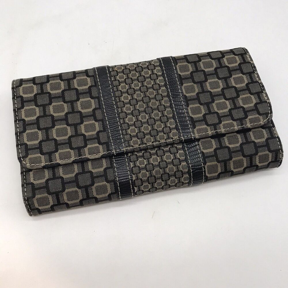 Nine West TriFold Wallet Grey & Black Faux Lizard Trim Long Snap Clutch CC ID